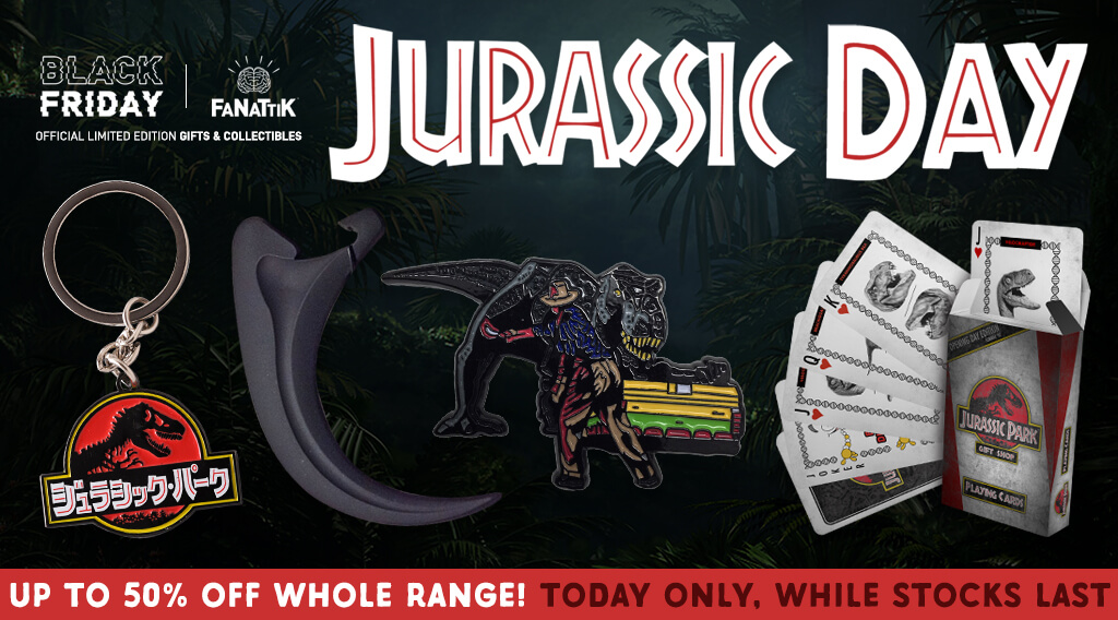 Jurassic Day - Header Graphic featuring Keyring, Raptor Claw, Pin and Playing Cards.